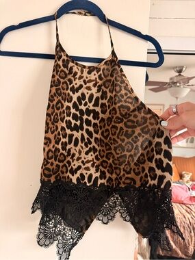 Cotton Candy Leopard Print Halter Cami with Black Lace Trim